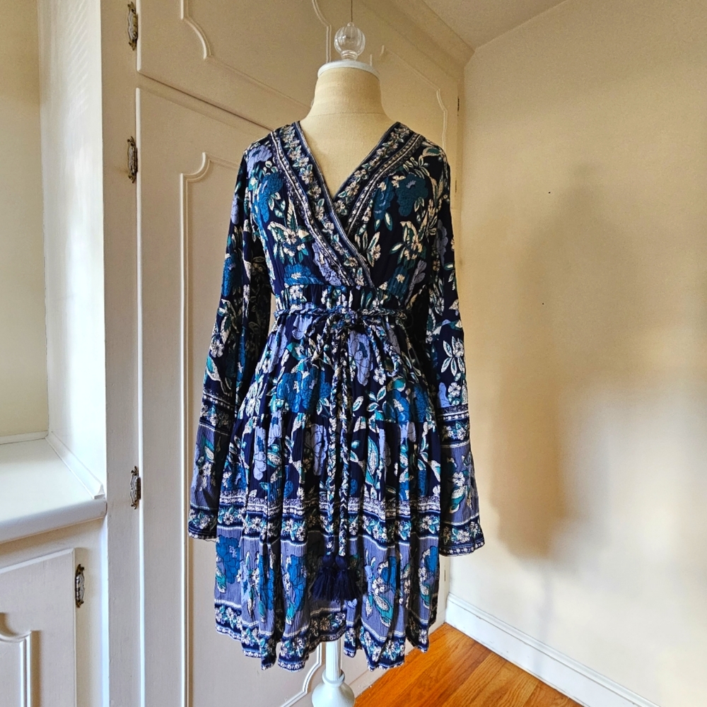90s Y2K Nostalgia Womens Blue Green Floral Dress Rayon Size Small